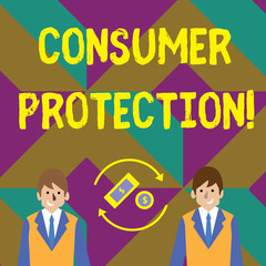 Naklejka premium Text sign showing Consumer Protection. Business photo showcasing regulation that aim to protect the rights of consumers Money in Dollar Currency Sign Inside Rotating Arrows Between Two Businessmen