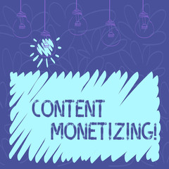 Conceptual hand writing showing Content Monetizing. Concept meaning making money from content that exists on your website Transparent Bulbs Hanging with Filament and One Lighted Icon