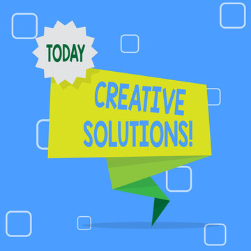 Handwriting text Creative Solutions. Conceptual photo mental process of creating a solution to a problem Blank Space Green Two Tone Folded Back Banner Strip with Seal Stamp Sticker