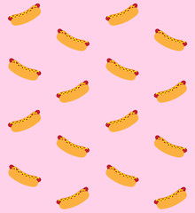 Vector seamless pattern of flat cartoon hot dog hotdog isolated on pastel pink background 