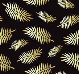 Vector seamless pattern of hand drawn golden glitter palm leaves isolated on black background