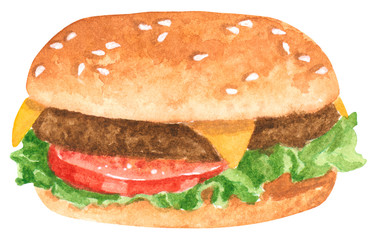 Fastfood, hamburger with beef, cheese, salad leaves and tomato, hand drawn watercolor illustration isolated on white