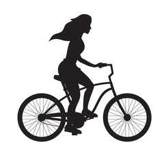 Vector flat black silhouette of girl riding a bicycle isolated on white background