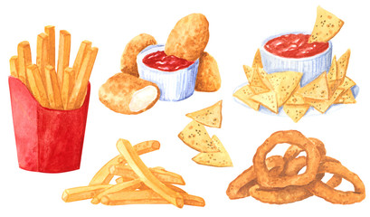 Fastfood clipart set, french fries, onion rings, nachos and red sause, hand drawn watercolor illustration isolated on white