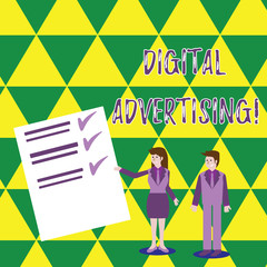 Word writing text Digital Advertising. Business photo showcasing marketing of products or services using internet Man and Woman in Business Suit Presenting Report of Check and Lines on Paper
