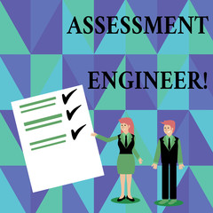 Text sign showing Assessment Engineer. Business photo showcasing gives solutions to the complexities of developing tests Man and Woman in Business Suit Presenting Report of Check and Lines on Paper