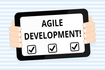 Writing note showing Agile Development. Business concept for alliance between selforganizing crossfunctional team Color Tablet Smartphone with Screen Handheld Back of Gadget