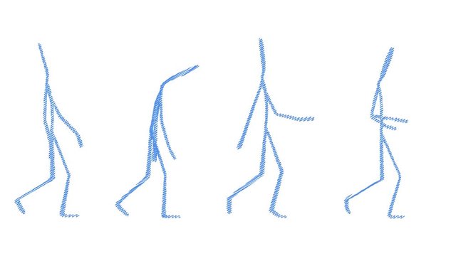 Stickman with 4 looping walk styles in a pen sketch style
