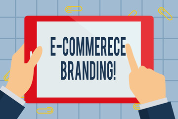 Text sign showing E Commerce Branding. Business photo text establish an image of your company in ycustomers eyes Businessman Hand Holding, Pointing and Touching Colorful Tablet Blank Screen