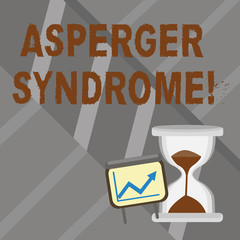 Word writing text Asperger Syndrome. Business photo showcasing characterized as a distinct autism spectrum disorder Successful Growth Chart with Arrow Going Up and Hourglass with Sand Sliding