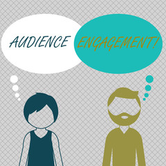 Conceptual hand writing showing Audience Engagement. Concept meaning active involvement of an audience in a live broadcast Bearded Man and Woman with the Blank Colorful Thought Bubble