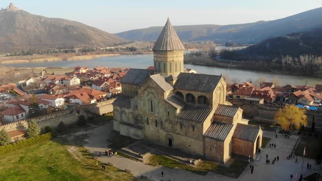 4K aerial video of ancient church. On the border of Georgia, Mtskheta. Close up flight to the distance