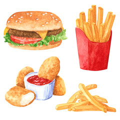 Fastfood clipart set, french fries, hamburger, chicken nuggets, hand drawn watercolor illustration isolated on white
