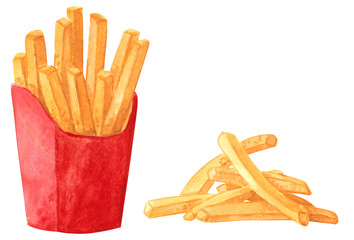 Fastfood clipart set, french fries, hand drawn watercolor illustration isolated on white