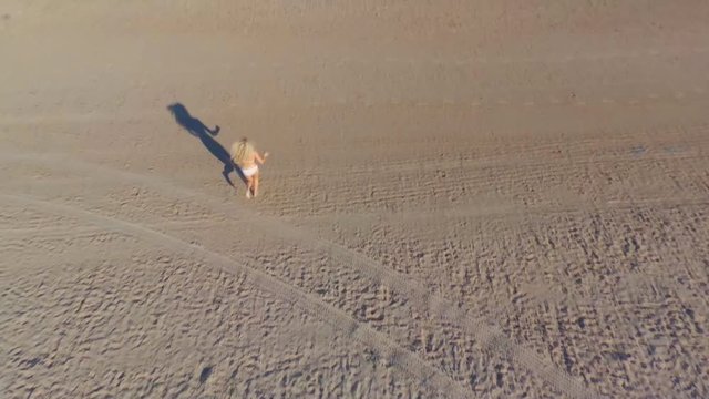 Top view from back aerial shooting from flying drone of a blonde girl in white bikini runs along the sand of the beach into the water. Long shadows. Early morning. No sound.
