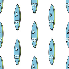 Colorful seamless repeating pattern children in beautiful style. Element surfboard equipment sports. Print surface design.
