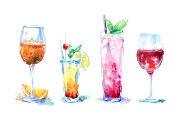 Glass of a aperol and orange,red wine,grenadine cocktail.Picture of a alcoholic drink.Watercolor hand drawn illustration.White background.