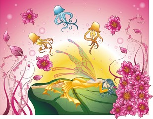 abstract background with flowers and butterflies