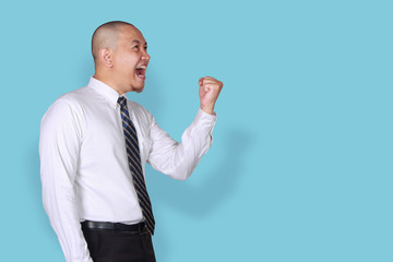 Businessman Shows Winning Gesture, Side View Profile