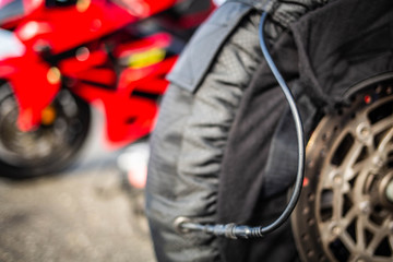 Fototapeta premium Motorcycle racing tire setup extreme sports close up