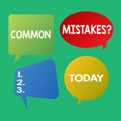 Word writing text Common Mistakes question. Business photo showcasing repeat act or judgement misguided or wrong Blank Speech Bubble Sticker in Different Shapes and Color for Multiple Chat