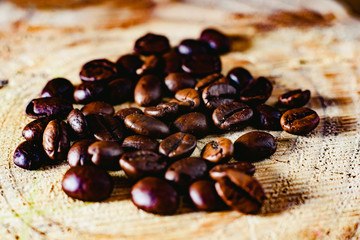 Detail of roasted coffee beans, produced in Colombia.