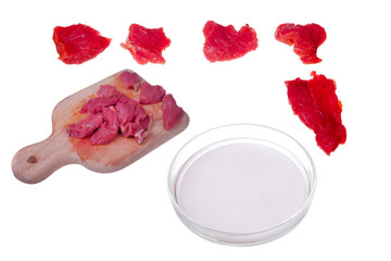 Appetizing red fresh veal, sliced into raw thin beef and cocnut milk, isolated   on white background