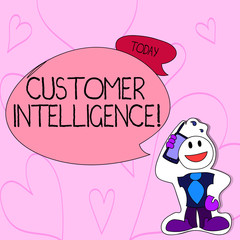 Text sign showing Customer Intelligence. Business photo text process of analyzing information regarding customers Smiley Face Man in Necktie Holding Smartphone to his Head in Sticker Style