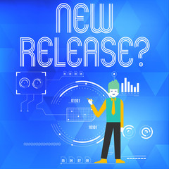 Text sign showing New Release Question. Business photo showcasing asking about recent product or service newly unleashed Man Standing Holding Pen Pointing to Chart Diagram with SEO Process Icons