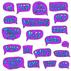Set of short phrases with speech bubble. 