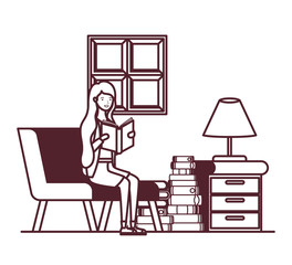 silhouette of woman with book in hands in living room