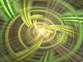 Abstract Yellow and Green Spiral Background Image, Illustration - Infinite repeating spiral, color vortex. Recursive symmetrical patterns of colorful warped shapes, burst of brilliant light