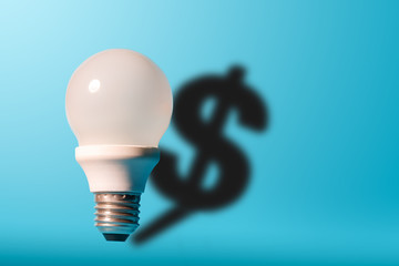 Good idea it's money. Light bulb on bright blue background with a dollar sign shadow.