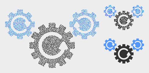 Dot and mosaic gear rotation icons. Vector icon of gear rotation formed of scattered spheric dots. Other pictogram is formed from dots.
