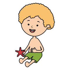 little boy with swimsuit playing with starfish