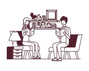 silhouette of couple with book in hands in living room