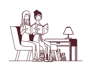 silhouette of women with book in hands in living room