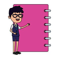 happy student boy with notebook supply