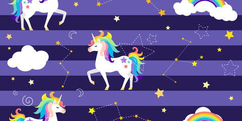 Obraz na płótnie Canvas Vector background with unicorns, rainbow, constellations and other elements.