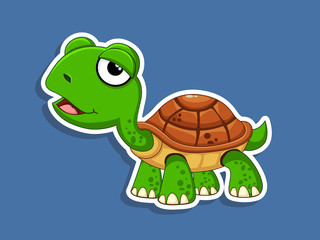 Vector Cute Cartoon Turtle Sticker on color background. Vector Illustration With Cartoon Style Funny Sea Animal