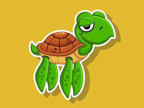 Vector Cute Cartoon Turtle Sticker on color background. Vector Illustration With Cartoon Style Funny Sea Animal