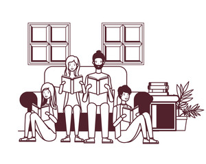 group of people with book in hands in living room