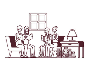 group of people with book in hands in living room