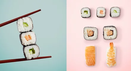 Foto op Plexiglas Eetstokjes met zeewierrolletjes en sushi © exclusive-design
