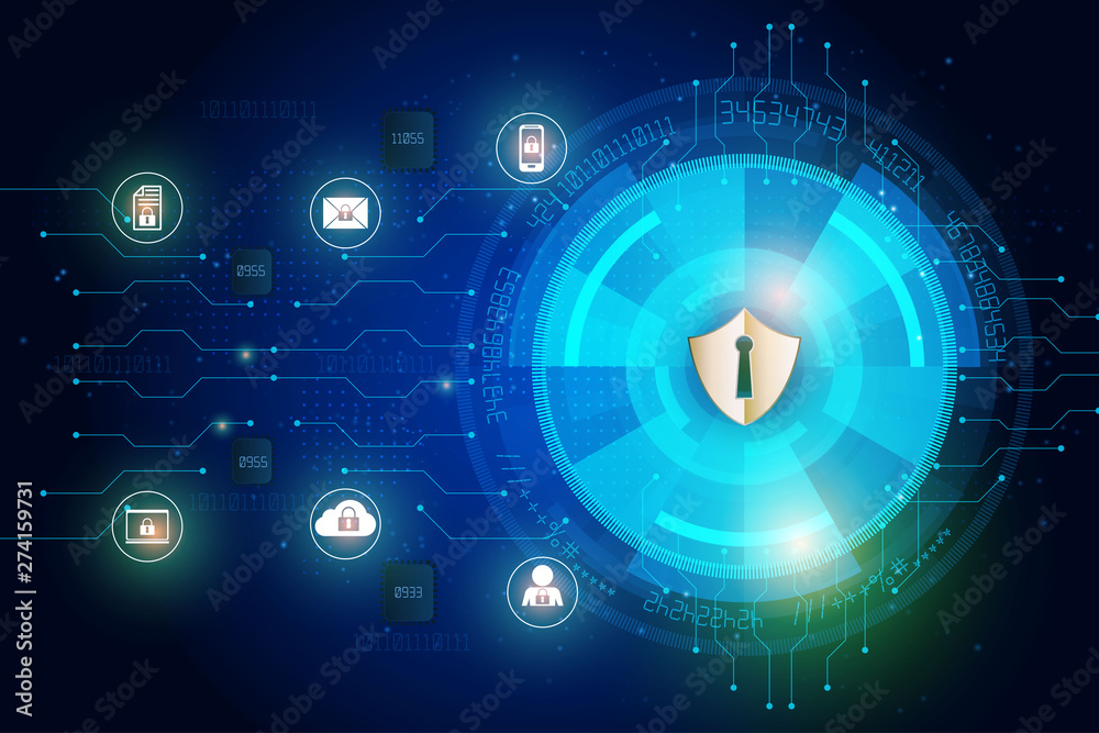 Poster shield icon on abstract technology security digital data and security global network background, vec