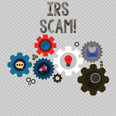 Writing note showing Irs Scam. Business concept for involve scammers targeting taxpayers pretending be Internal Service Set of Global Online Social Networking Icons Cog Wheel Gear