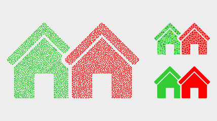 Pixelated and mosaic houses icons. Vector icon of houses combined of irregular circle dots. Other pictogram is designed from dots.