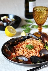Pasta Spaghetti with mussels, tomato sauce. sea food meal. Mussels Marinara. Typical dish of Italian pasta.