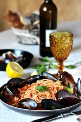 Pasta Spaghetti with mussels, tomato sauce. sea food meal. Mussels Marinara. Typical dish of Italian pasta.