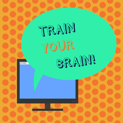 Writing note showing Train Your Brain. Business concept for Educate yourself get new knowledge improve skills Mounted Computer Monitor Blank Screen with Oval Color Speech Bubble